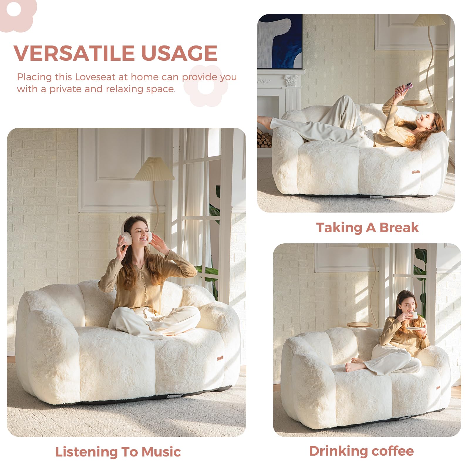 Floral Bean Bag Chair for Adults – Ultra Soft Faux Fur Lounge Sofa with Shredded Foam, Cozy Floor Chair for Living Room & Bedroom