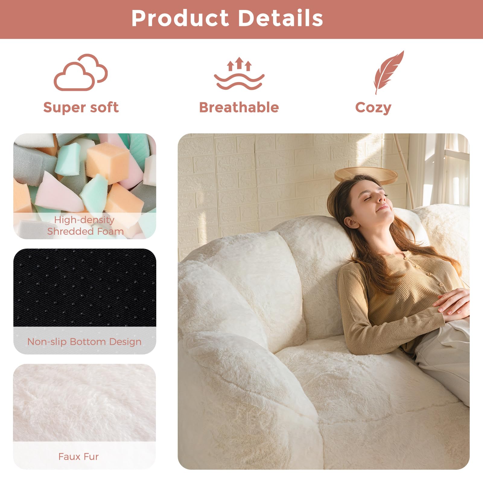 Floral Bean Bag Chair for Adults – Ultra Soft Faux Fur Lounge Sofa with Shredded Foam, Cozy Floor Chair for Living Room & Bedroom
