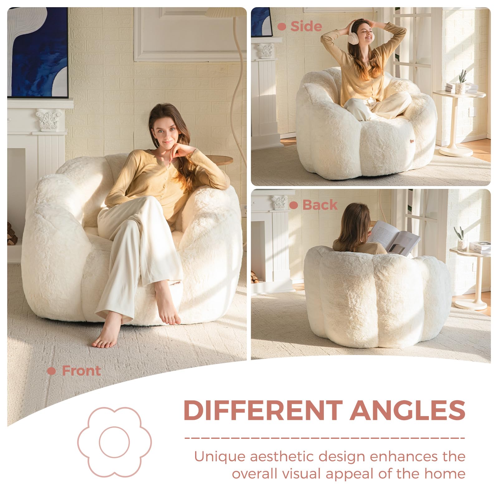 Floral Bean Bag Chair for Adults – Ultra Soft Faux Fur Lounge Sofa with Shredded Foam, Cozy Floor Chair for Living Room & Bedroom