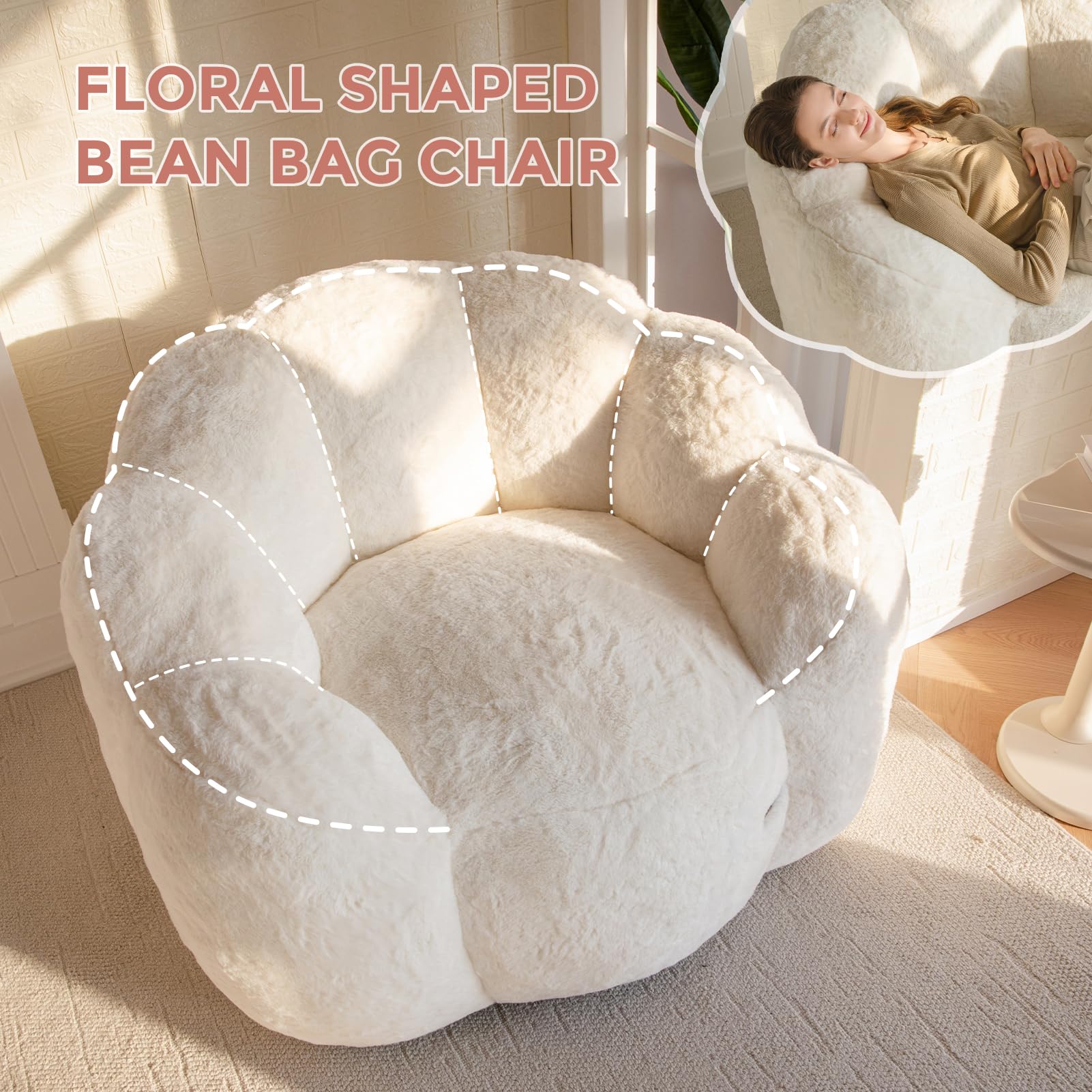 Floral Bean Bag Chair for Adults – Ultra Soft Faux Fur Lounge Sofa with Shredded Foam, Cozy Floor Chair for Living Room & Bedroom