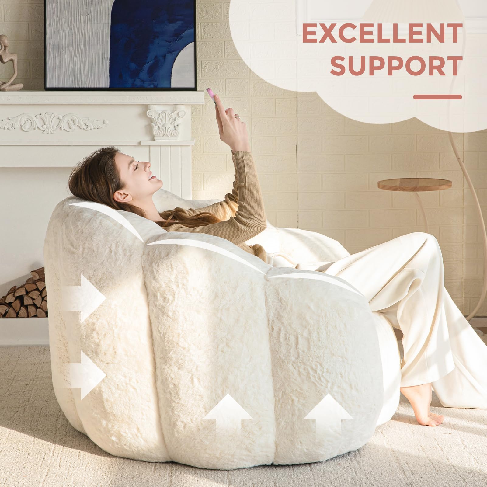 Floral Bean Bag Chair for Adults – Ultra Soft Faux Fur Lounge Sofa with Shredded Foam, Cozy Floor Chair for Living Room & Bedroom