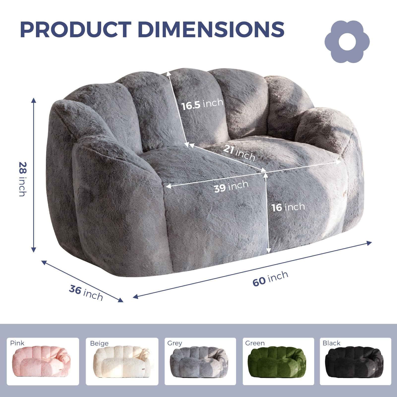 Floral Bean Bag Chair for Adults – Ultra Soft Faux Fur Lounge Sofa with Shredded Foam, Cozy Floor Chair for Living Room & Bedroom