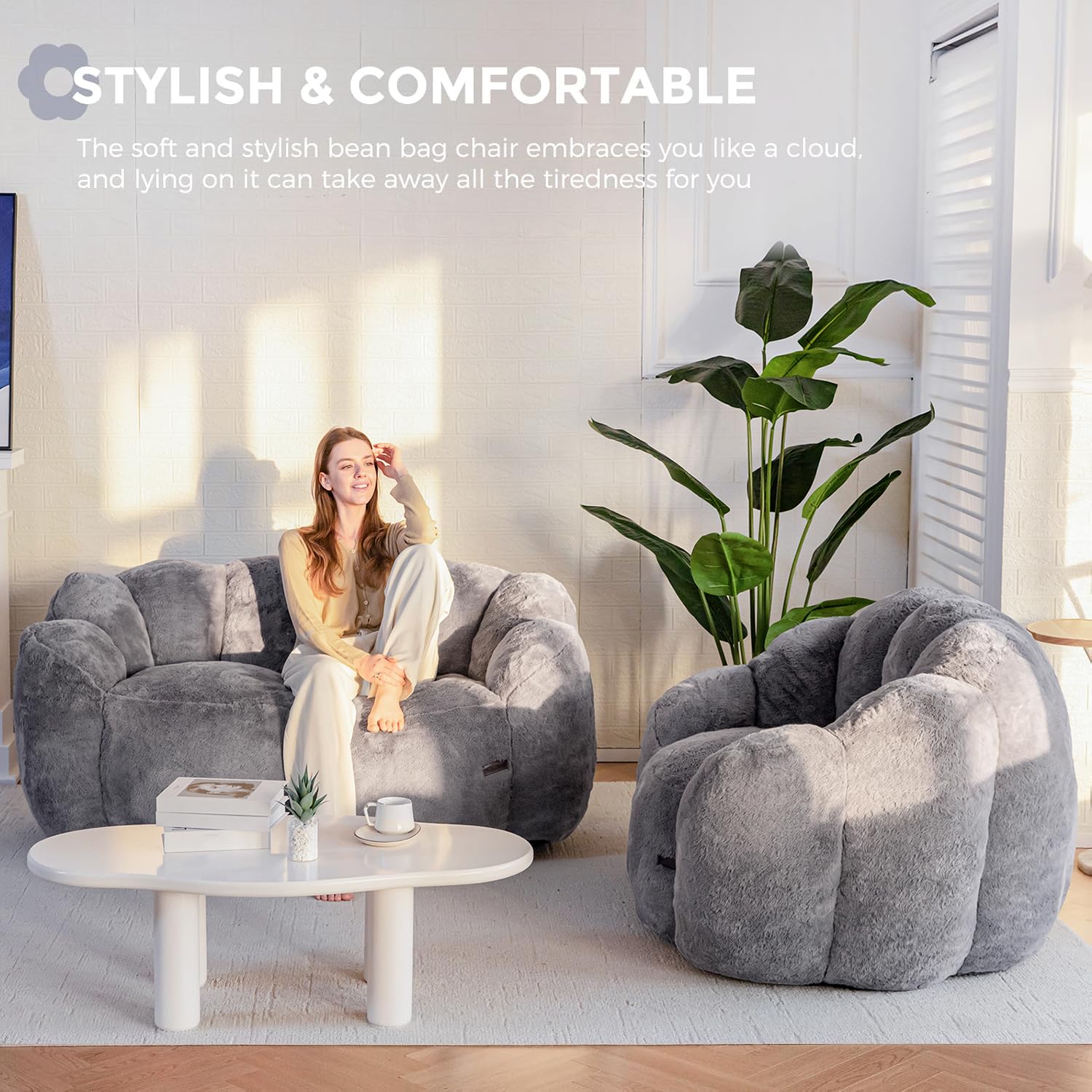 Floral Bean Bag Chair for Adults – Ultra Soft Faux Fur Lounge Sofa with Shredded Foam, Cozy Floor Chair for Living Room & Bedroom