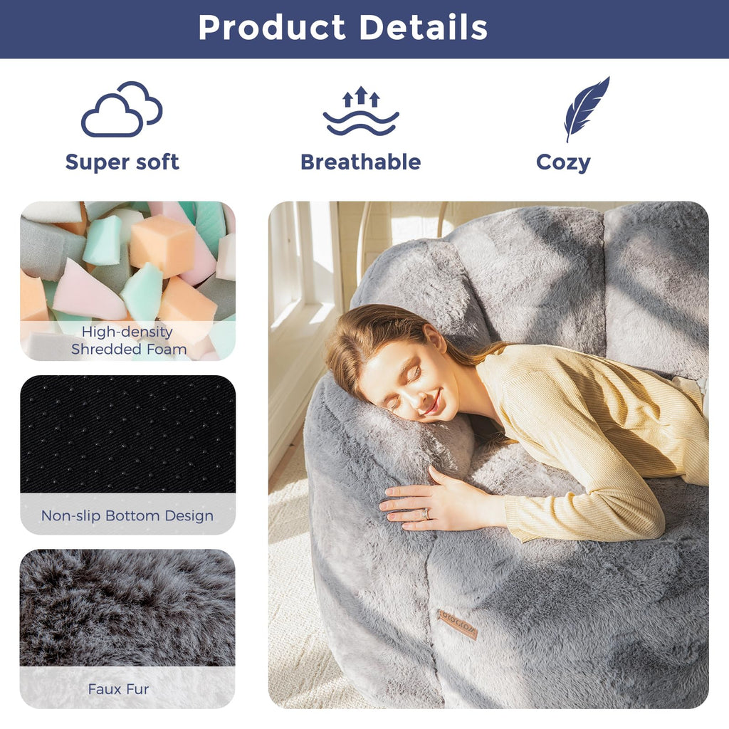 Floral Bean Bag Chair for Adults – Ultra Soft Faux Fur Lounge Sofa with Shredded Foam, Cozy Floor Chair for Living Room & Bedroom