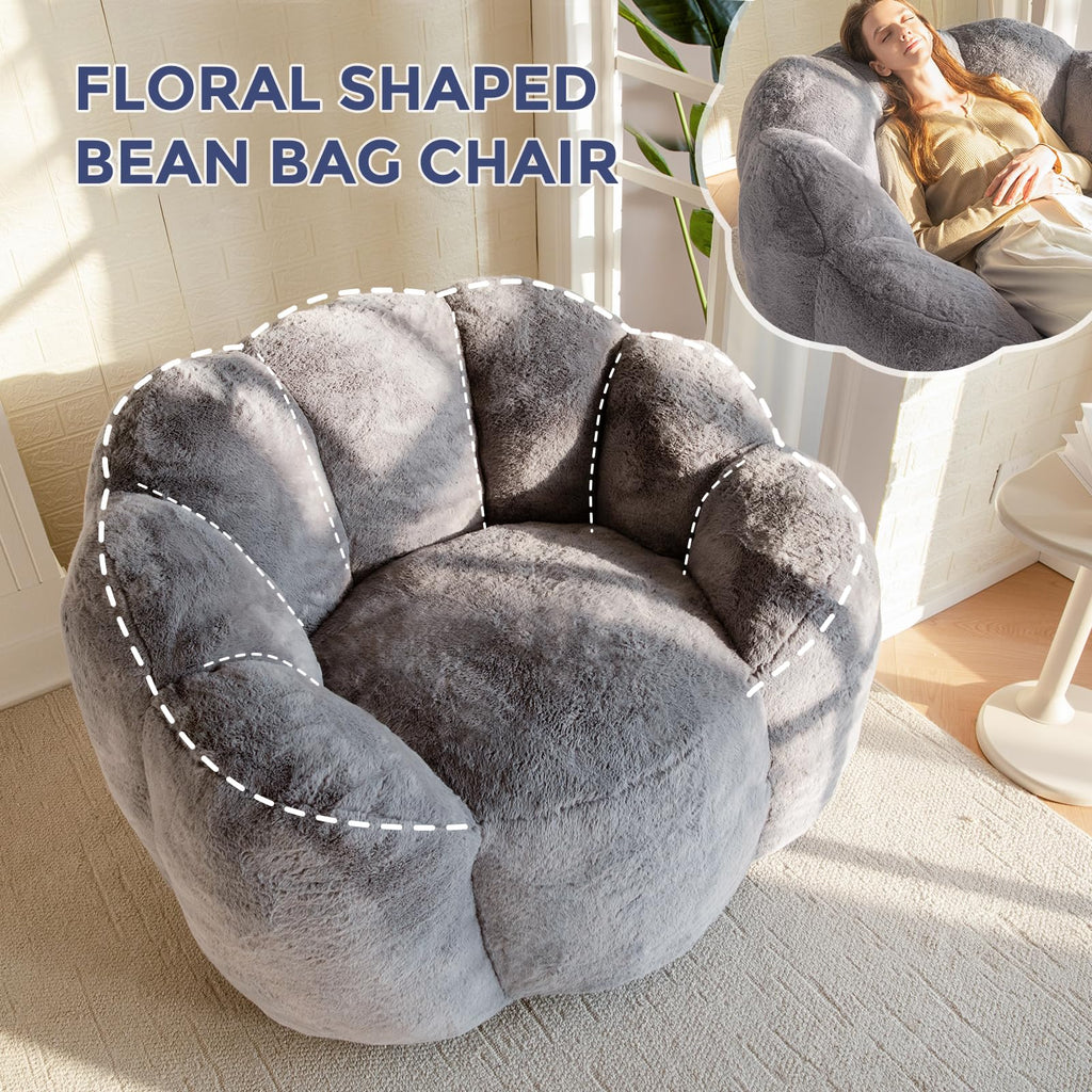 Floral Bean Bag Chair for Adults – Ultra Soft Faux Fur Lounge Sofa with Shredded Foam, Cozy Floor Chair for Living Room & Bedroom