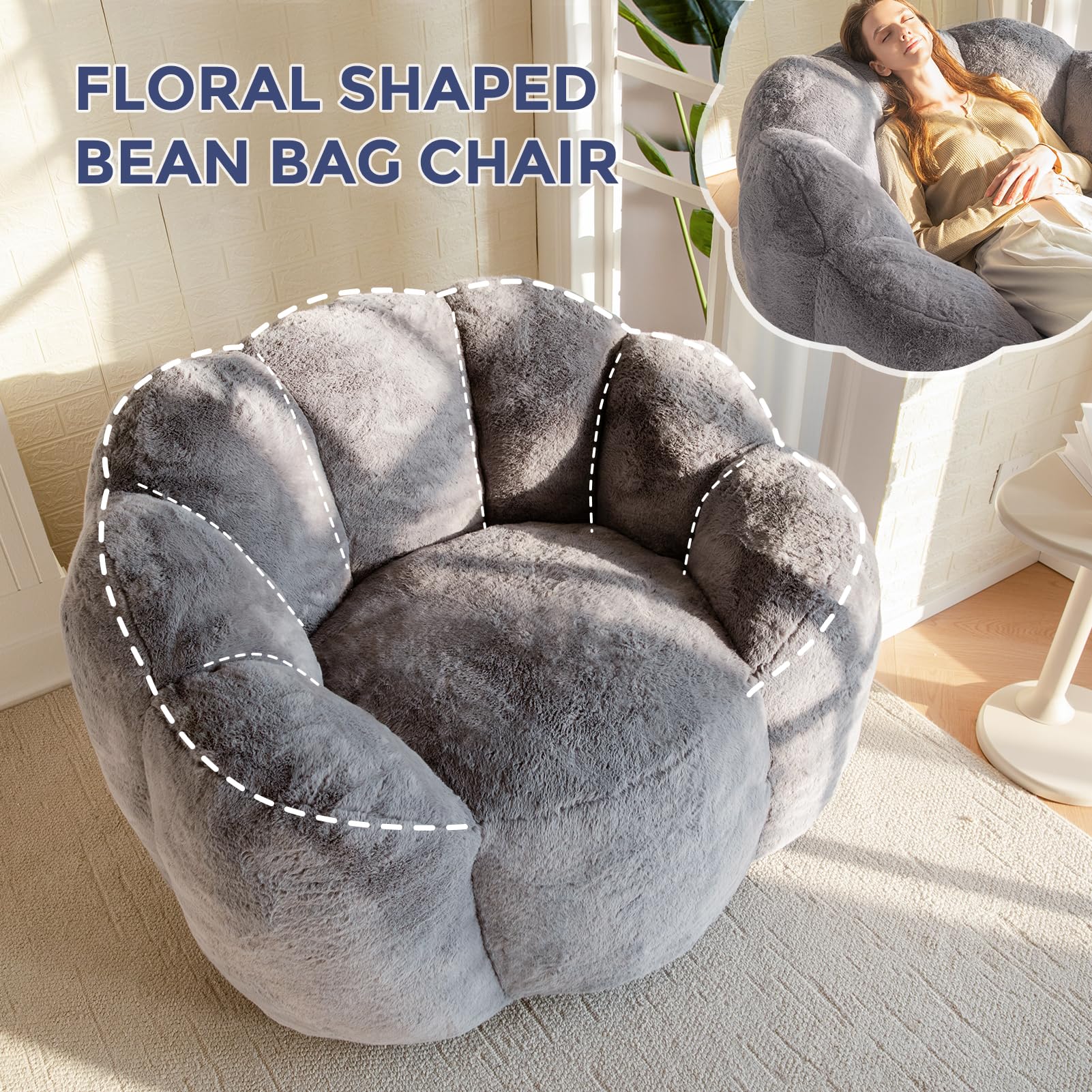 Floral Bean Bag Chair for Adults – Ultra Soft Faux Fur Lounge Sofa with Shredded Foam, Cozy Floor Chair for Living Room & Bedroom