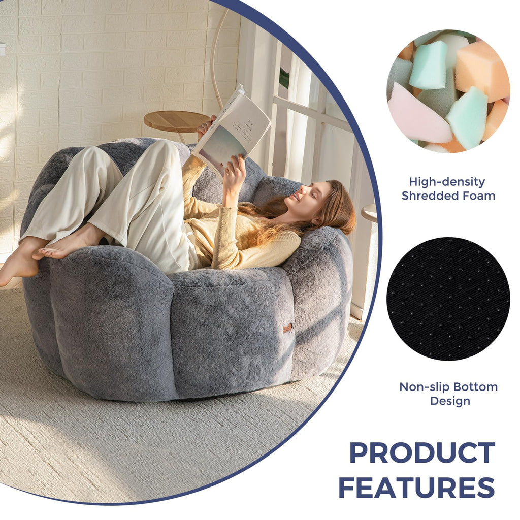 Floral Bean Bag Chair for Adults – Ultra Soft Faux Fur Lounge Sofa with Shredded Foam, Cozy Floor Chair for Living Room & Bedroom