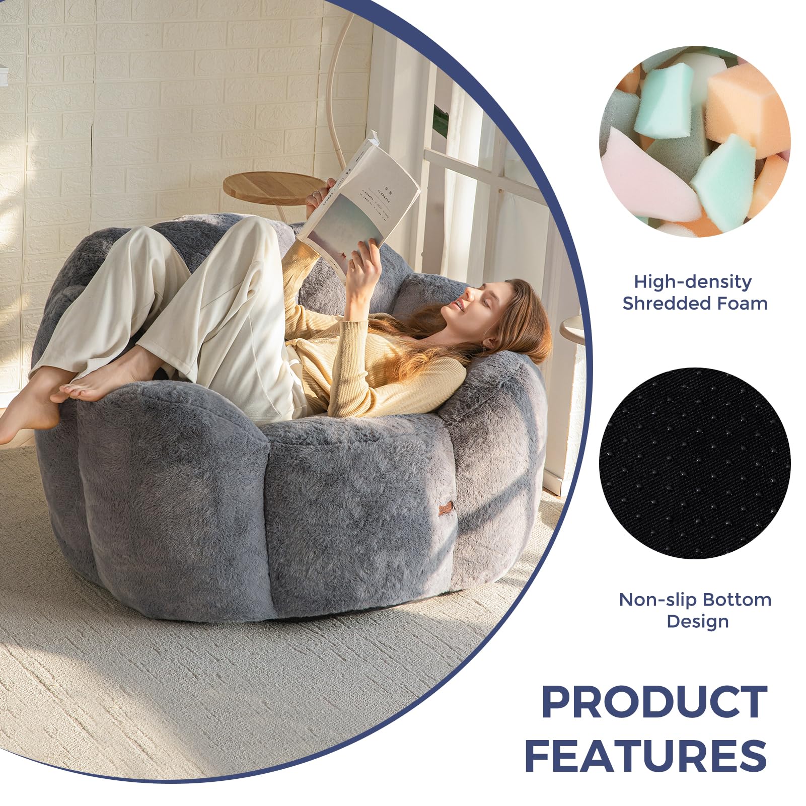 Floral Bean Bag Chair for Adults – Ultra Soft Faux Fur Lounge Sofa with Shredded Foam, Cozy Floor Chair for Living Room & Bedroom