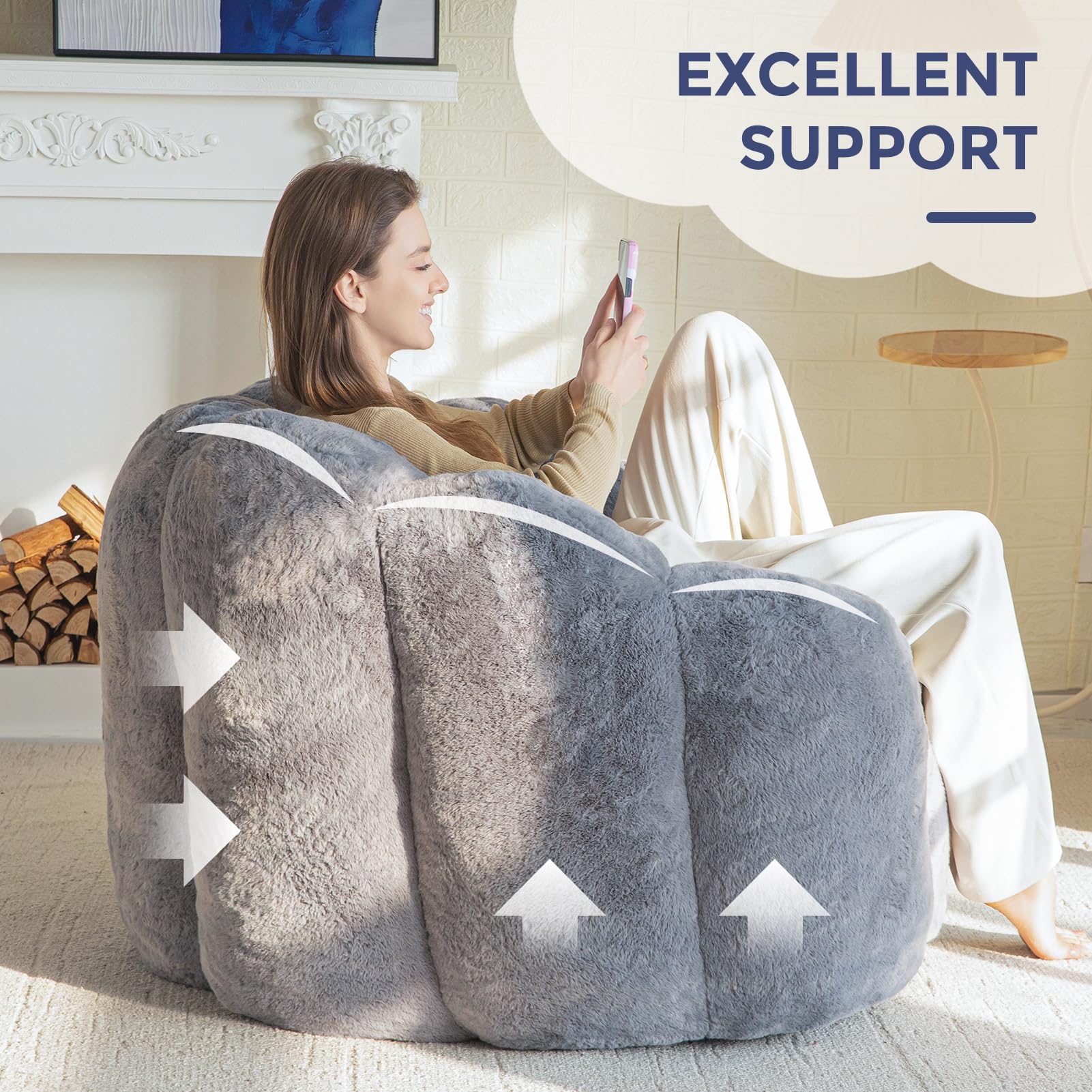 Floral Bean Bag Chair for Adults – Ultra Soft Faux Fur Lounge Sofa with Shredded Foam, Cozy Floor Chair for Living Room & Bedroom