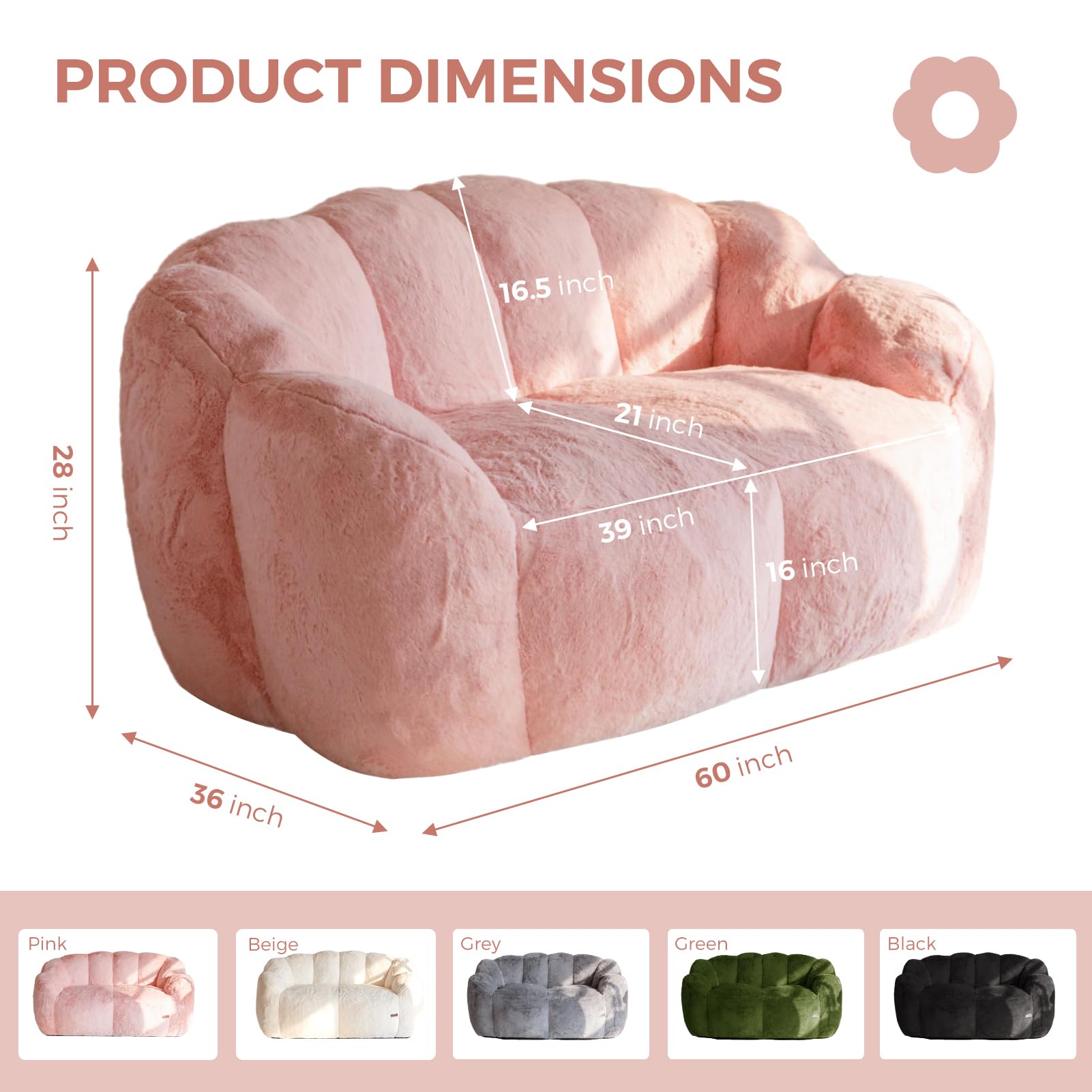 Floral Bean Bag Chair for Adults – Ultra Soft Faux Fur Lounge Sofa with Shredded Foam, Cozy Floor Chair for Living Room & Bedroom