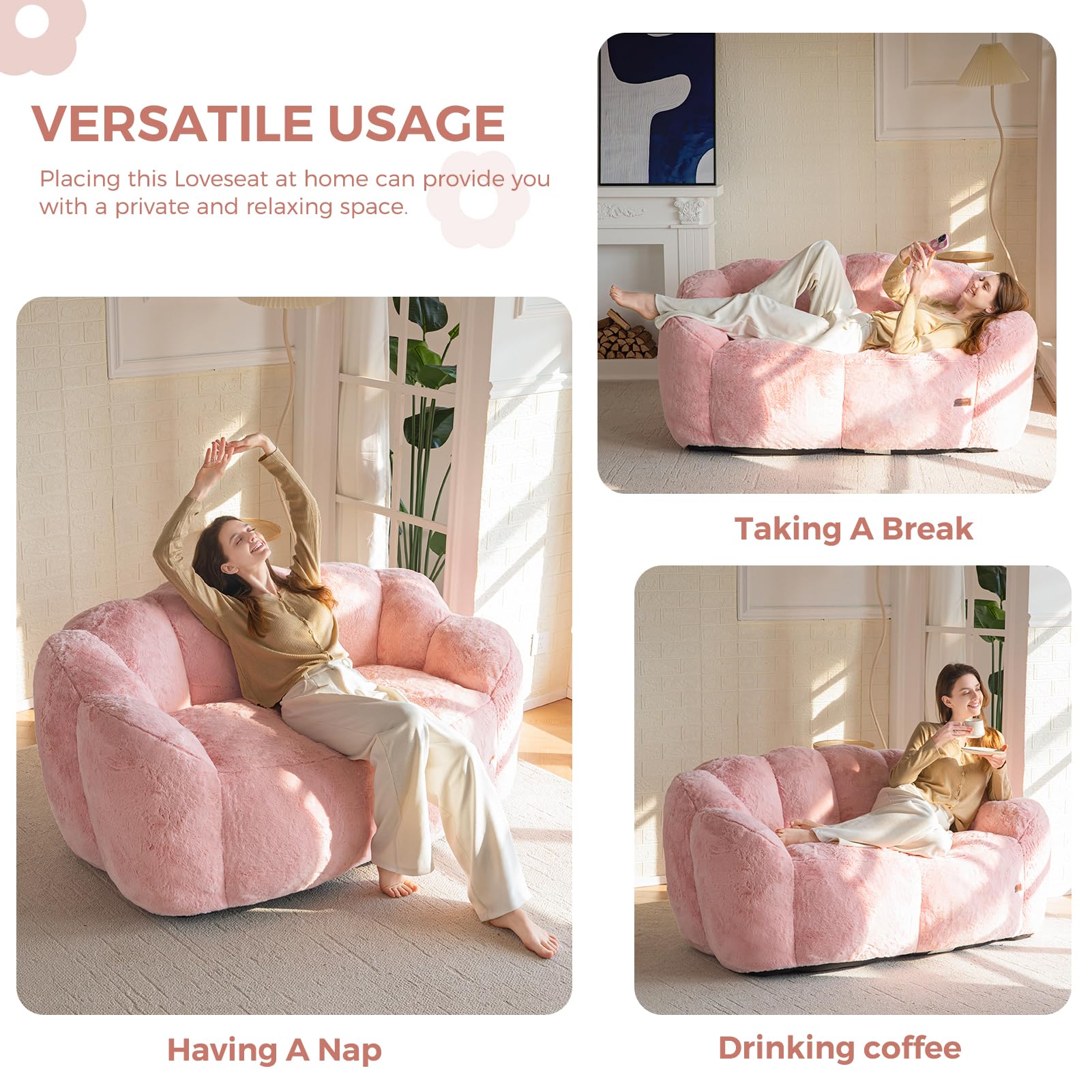 Floral Bean Bag Chair for Adults – Ultra Soft Faux Fur Lounge Sofa with Shredded Foam, Cozy Floor Chair for Living Room & Bedroom
