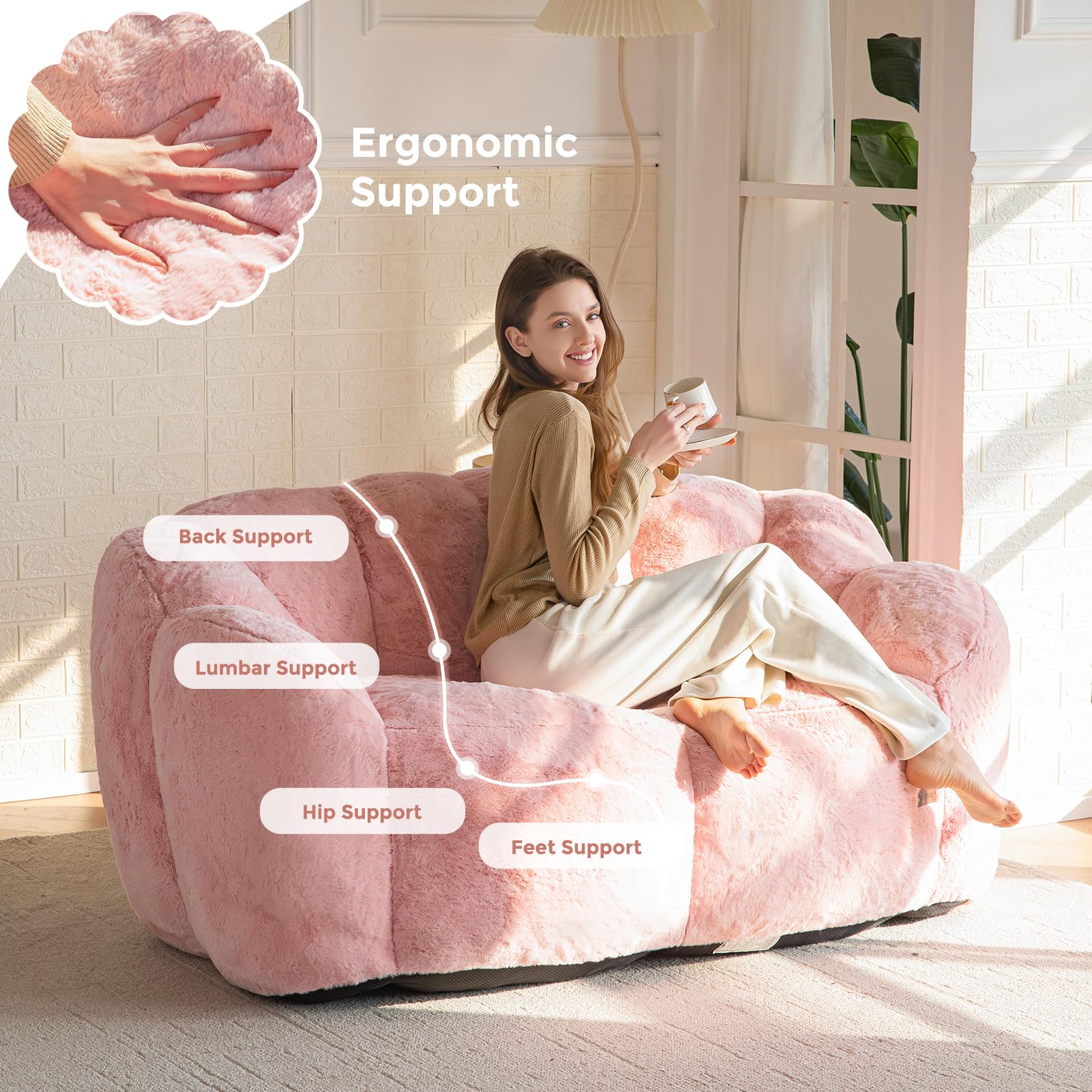 Floral Bean Bag Chair for Adults – Ultra Soft Faux Fur Lounge Sofa with Shredded Foam, Cozy Floor Chair for Living Room & Bedroom