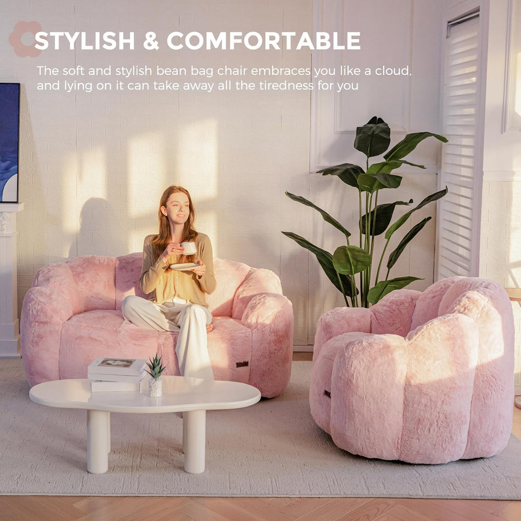 Floral Bean Bag Chair for Adults – Ultra Soft Faux Fur Lounge Sofa with Shredded Foam, Cozy Floor Chair for Living Room & Bedroom