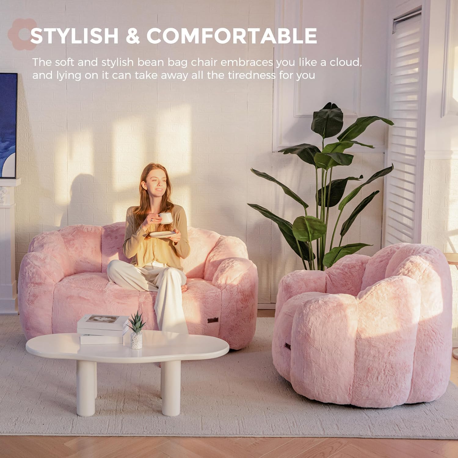 Floral Bean Bag Chair for Adults – Ultra Soft Faux Fur Lounge Sofa with Shredded Foam, Cozy Floor Chair for Living Room & Bedroom