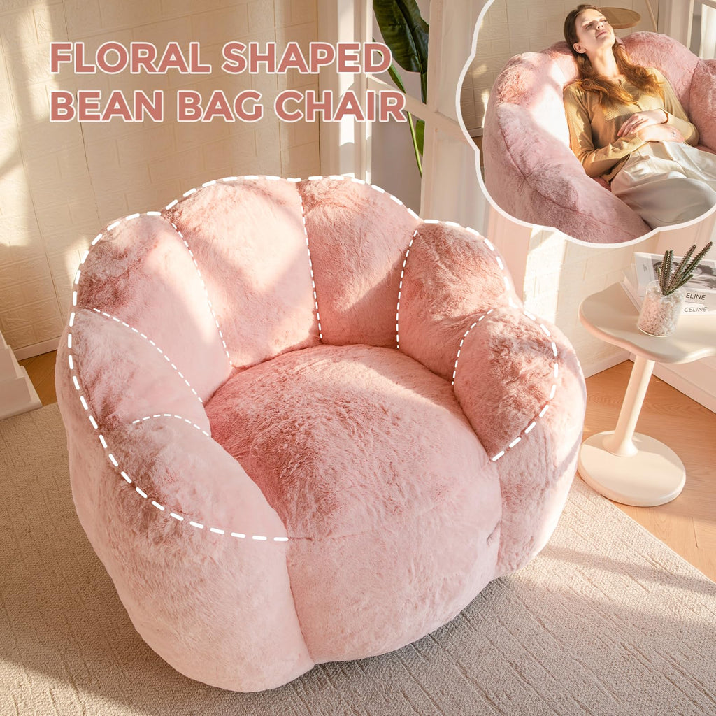 Floral Bean Bag Chair for Adults – Ultra Soft Faux Fur Lounge Sofa with Shredded Foam, Cozy Floor Chair for Living Room & Bedroom